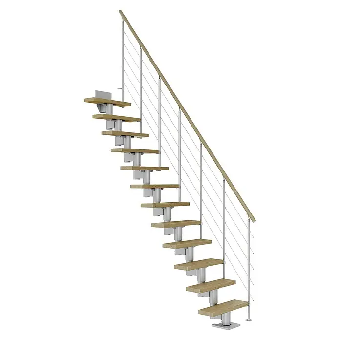 Dolle Mittelholmtreppe DublinBreite: 65 cm, Perlgrau, Gerade, Farbe Stufen: Eiche Natur, Geschosshöhe: 259 cm - 315 cm, Edelstahlgeländer - Diese Aufnahme zeigt eine elegante Treppe mit Holzstufen und einem modernen Geländerdesign, perfekt für stilvolle Innenräume.