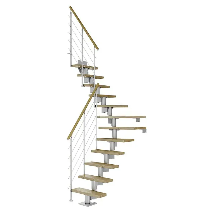Dolle Mittelholmtreppe Dublin - Breite: 65 cm, Perlgrau, 1/4-gewendelt, Farbe Stufen: Eiche Natur, Geschosshöhe: 259 cm - 315 cm, Edelstahlgeländer - Wendeltreppe mit Holzstufen und silbernem Geländer.