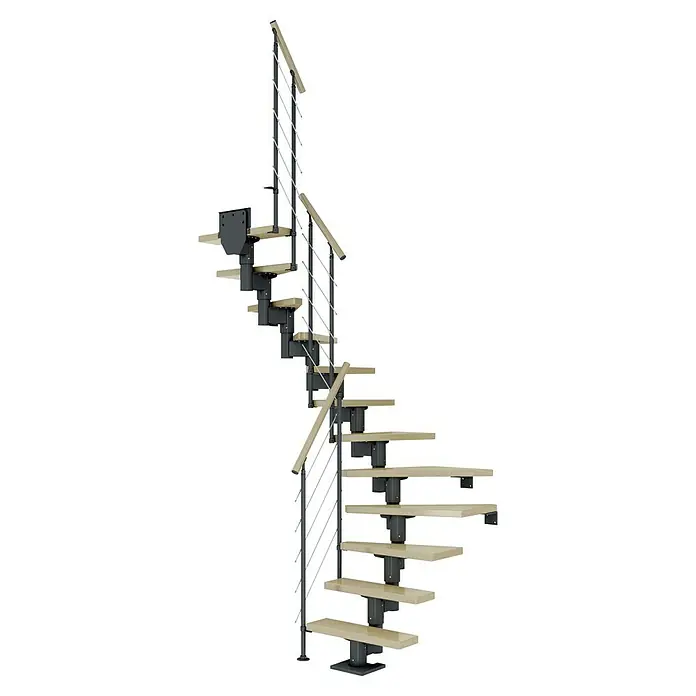 Dolle Mittelholmtreppe DublinBreite: 75 cm, Anthrazitgrau, 1/2-gewendelt, Farbe Stufen: Ahorn Natur, Geschosshöhe: 278 cm - 337 cm, Edelstahlgeländer - Nahaufnahme einer Wendeltreppe aus Metall und Holz, die ein modernes und platzsparendes Design für Innenräume bietet.
