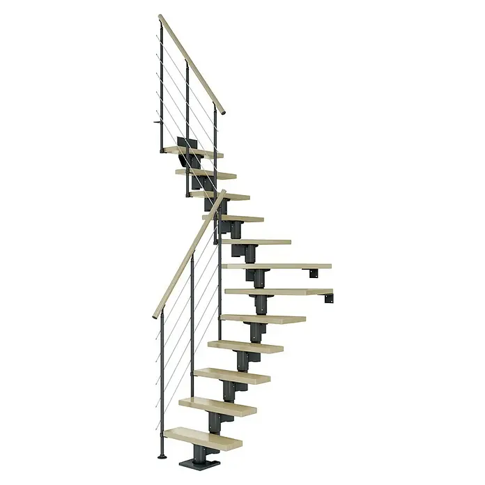 Dolle Mittelholmtreppe DublinBreite: 65 cm, Anthrazitgrau, 1/4-gewendelt, Farbe Stufen: Ahorn Natur, Geschosshöhe: 259 cm - 315 cm, Edelstahlgeländer - Die elegante Wendeltreppe ist eine stilvolle Lösung, um Räume zu verbinden. Das Geländer und die Stufen sind modern und hochwertig.