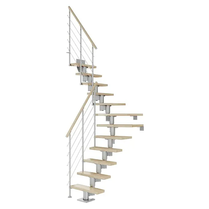 Dolle Mittelholmtreppe Dublin - Breite: 75 cm, Perlgrau, 1/4-gewendelt, Farbe Stufen: Buche Natur, Geschosshöhe: 222 cm - 270 cm, Edelstahlgeländer - Eine elegante Wendeltreppe mit Holzstufen und einem Geländer aus Metall, ideal für moderne Innenräume.