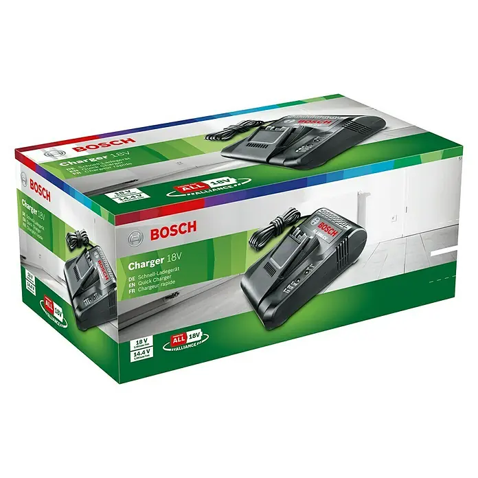 Bosch Power for All 18V Ladegerät AL 1880 CV - Passend für: Bosch Heimwerker- & Gartengeräte-Akkus 14,4/18 V - Abbildung einer Verpackung für ein Bosch 18V-Ladegerät. Die Verpackung zeigt Bilder des Ladegeräts und Produktinformationen.
