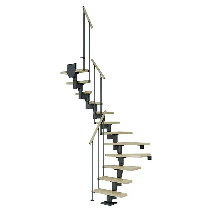 Dolle Mittelholmtreppe Dublin - Breite: 65 cm, Anthrazitgrau, 1/2-gewendelt, Farbe Stufen: Ahorn Natur, Geschosshöhe: 259 cm - 315 cm, Einzelstabgeländer - Aufnahme einer modernen Wendeltreppe. Das Design umfasst Holzstufen und ein schlankes, spiralförmiges Geländer in dunkler Ausführung.