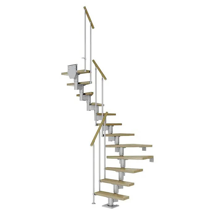 Dolle Mittelholmtreppe DublinBreite: 75 cm, Perlgrau, 1/2-gewendelt, Farbe Stufen: Eiche Natur, Geschosshöhe: 259 cm - 315 cm, Einzelstabgeländer - Wendeltreppe mit Holzstufen und silbernen Geländern, elegantes Design für moderne Innenräume. Die platzsparende Treppe bietet eine stilvolle Lösung für Wohnbereiche.