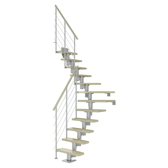 Dolle Mittelholmtreppe Dublin - Breite: 75 cm, Perlgrau, 1/4-gewendelt, Farbe Stufen: Ahorn Natur, Geschosshöhe: 259 cm - 315 cm, Edelstahlgeländer - Wendeltreppe aus hellem Holz und Metall. Eine elegante Lösung für moderne Innenräume, die Platz spart und Stil bietet.