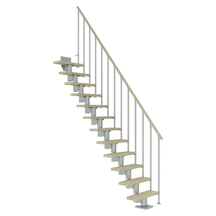Dolle Mittelholmtreppe Dublin - Breite: 65 cm, Perlgrau, Gerade, Farbe Stufen: Ahorn Natur, Geschosshöhe: 222 cm - 270 cm, Einzelstabgeländer - Aufnahme einer modernen Treppe mit Holzstufen und einem Geländer aus Metallstreben, die sich ideal für ein stilvolles Zuhause eignet.