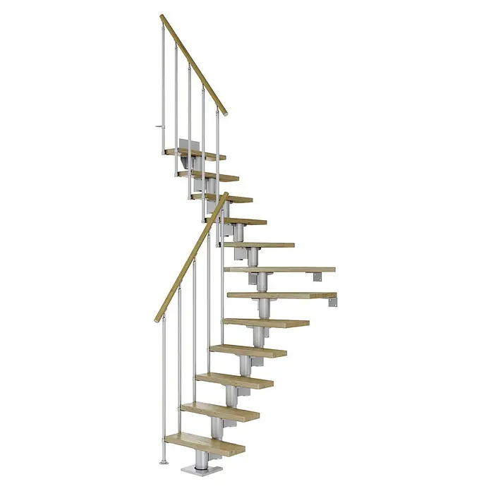 Dolle Mittelholmtreppe DublinBreite: 75 cm, Perlgrau, 1/4-gewendelt, Farbe Stufen: Eiche Natur, Geschosshöhe: 259 cm - 315 cm, Einzelstabgeländer - Spiralförmige Treppe mit hellen Holzstufen und silberfarbenem Geländer.