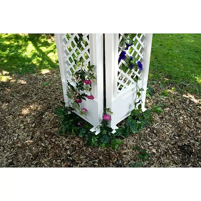 KHW Rankgitter 2er-Set - L x H: 43 x 137 cm, Weiß - Weißes Gartenrankgitter mit künstlichen rosa und lila Blumen und grünem Efeu.