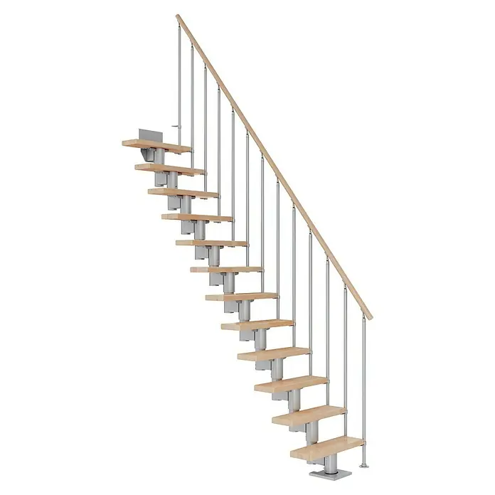 Dolle Mittelholmtreppe Dublin - Breite: 75 cm, Perlgrau, Gerade, Farbe Stufen: Buche Natur, Geschosshöhe: 222 cm - 270 cm, Einzelstabgeländer - Diese Aufnahme zeigt eine moderne Spindeltreppe mit hellem Holz und silbernen Metallstützen, ideal für ein stilvolles Zuhause.