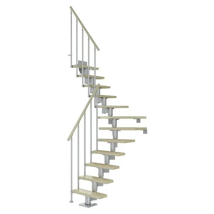 Dolle Mittelholmtreppe Dublin - Breite: 65 cm, Perlgrau, 1/4-gewendelt, Farbe Stufen: Ahorn Natur, Geschosshöhe: 259 cm - 315 cm, Einzelstabgeländer - Eine elegante Wendeltreppe mit hellen Holzstufen und silberfarbenen Geländern, die sich spiralförmig nach oben windet. Ideal für moderne Wohnräume.