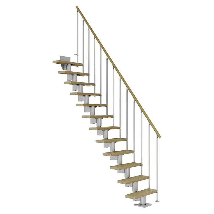 Dolle Mittelholmtreppe Dublin - Breite: 65 cm, Perlgrau, Gerade, Farbe Stufen: Eiche Natur, Geschosshöhe: 259 cm - 315 cm, Einzelstabgeländer - Eine moderne Holztreppe mit silbernen Geländern, die ein elegantes und minimalistisches Design für den Innenbereich bietet.
