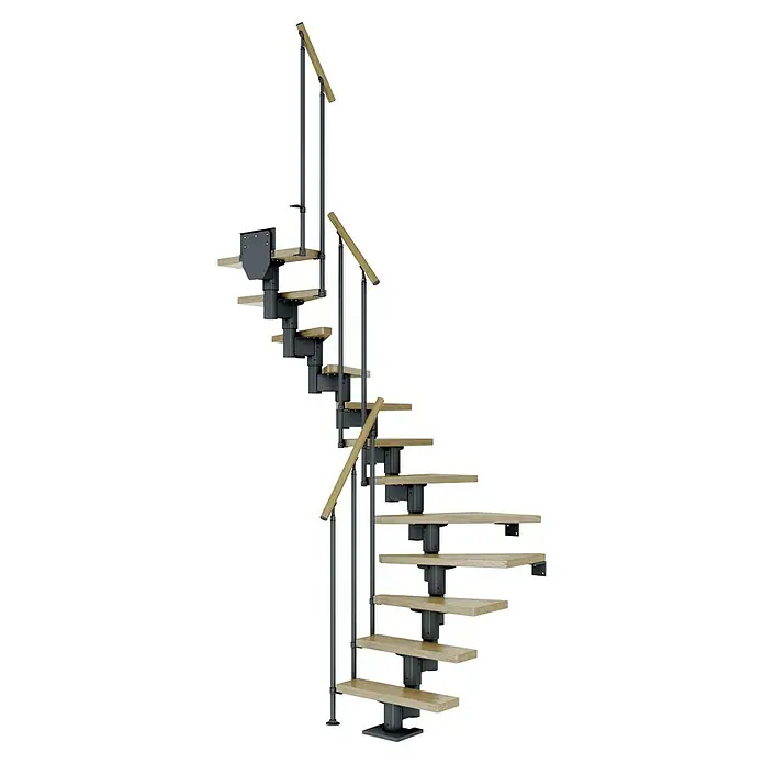 Dolle Mittelholmtreppe Dublin - Breite: 75 cm, Anthrazitgrau, 1/2-gewendelt, Farbe Stufen: Eiche Natur, Geschosshöhe: 222 cm - 270 cm, Einzelstabgeländer - Die Wendeltreppe mit hellen Holzstufen und anthrazitfarbenem Geländer ist ein echter Hingucker und platzsparend.