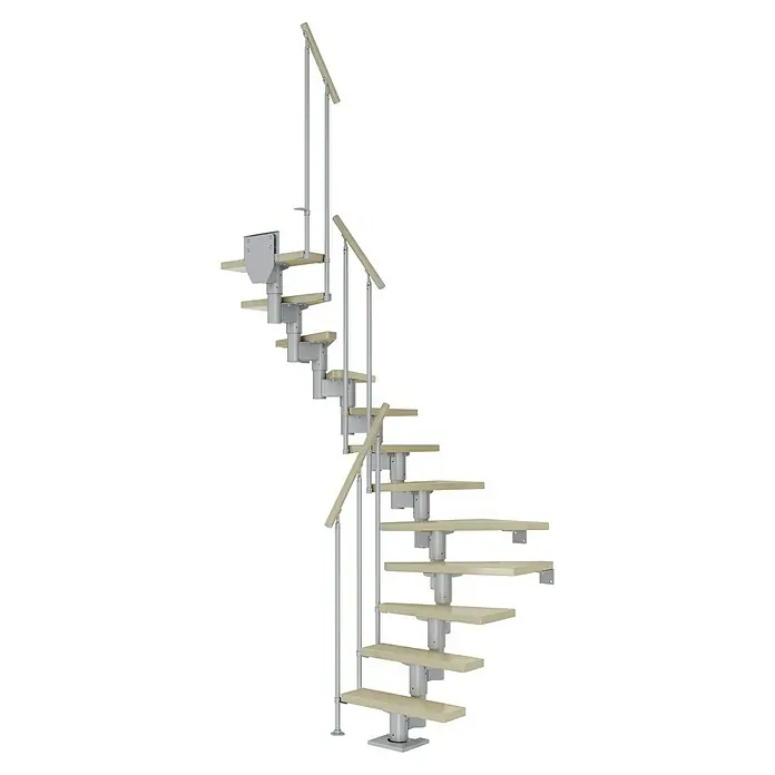 Dolle Mittelholmtreppe DublinBreite: 65 cm, Perlgrau, 1/2-gewendelt, Farbe Stufen: Ahorn Natur, Geschosshöhe: 259 cm - 315 cm, Einzelstabgeländer - Eine elegante Wendeltreppe mit hellen Holzstufen und einem modernen silberfarbenen Geländerdesign. Die Treppe wirkt leicht und platzsparend.