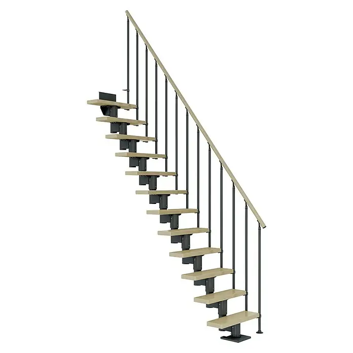 Dolle Mittelholmtreppe Dublin - Breite: 75 cm, Anthrazitgrau, Gerade, Farbe Stufen: Ahorn Natur, Geschosshöhe: 278 cm - 337 cm, Einzelstabgeländer - Elegante Treppe mit hellen Holzstufen und einem dunklen Geländer, die ein modernes Design und Funktionalität vereint.