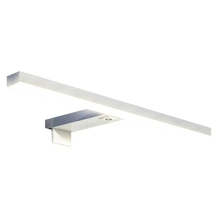 Aplique LED para espejo Leo 40 cm - 8 kW, Blanco, L x An x Al: 13 x 40 x 4,2 cm - Imagen de una moderna lámpara de pared LED plateada con luz brillante, perfecta para baños o como iluminación elegante.