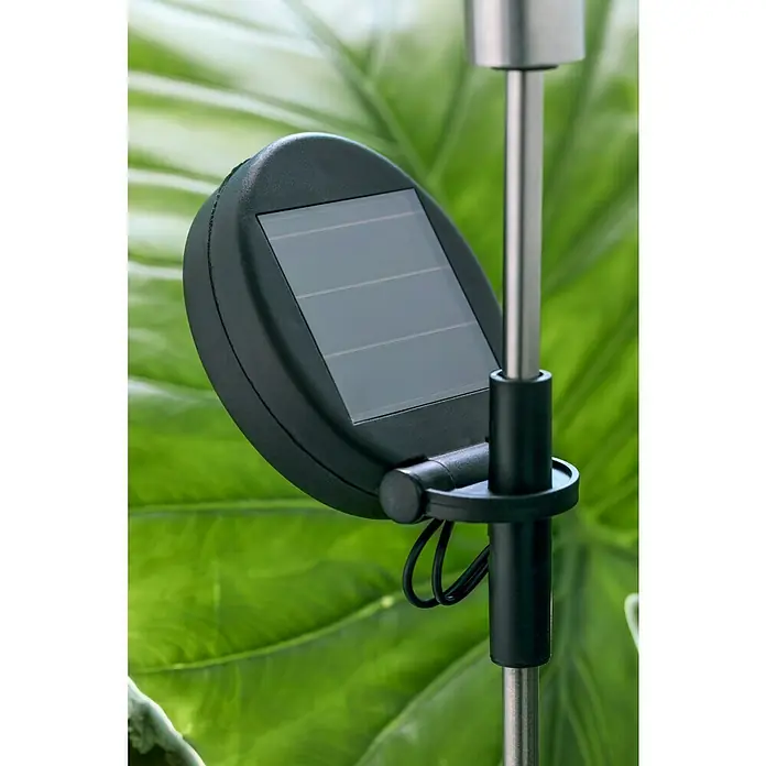 BAUHAUS Lámpara decorativa solar Bubble - 0,06 W, Transparente, IP44 - Primer plano de un panel solar en una lámpara de jardín con varilla de metal sobre follaje verde.