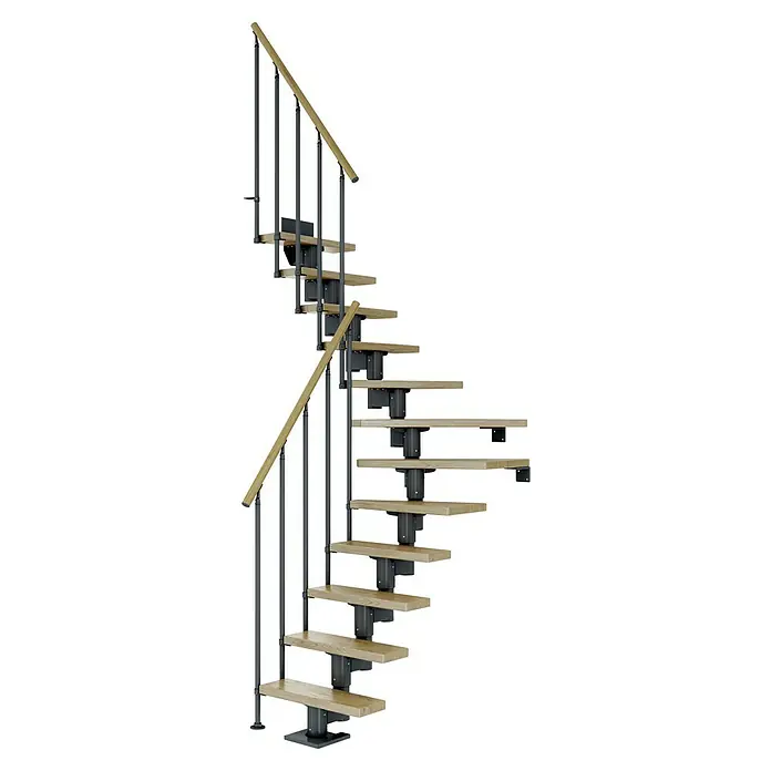 Dolle Mittelholmtreppe Dublin - Breite: 75 cm, Anthrazitgrau, 1/4-gewendelt, Farbe Stufen: Eiche Natur, Geschosshöhe: 278 cm - 337 cm, Einzelstabgeländer - Eine Wendeltreppe mit Holzstufen und einem eleganten Geländer, die Funktionalität mit einem modernen Design verbindet.