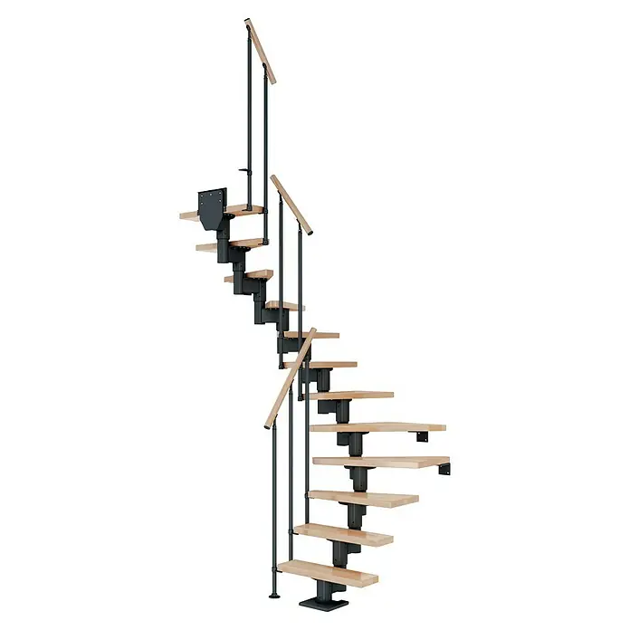 Dolle Mittelholmtreppe Dublin - Breite: 75 cm, Anthrazitgrau, 1/2-gewendelt, Farbe Stufen: Buche Natur, Geschosshöhe: 240 cm - 292 cm, Einzelstabgeländer - Detailaufnahme einer eleganten Wendeltreppe mit Holzstufen und dunklem Metallgeländer, die modernes Design und Funktionalität vereint.