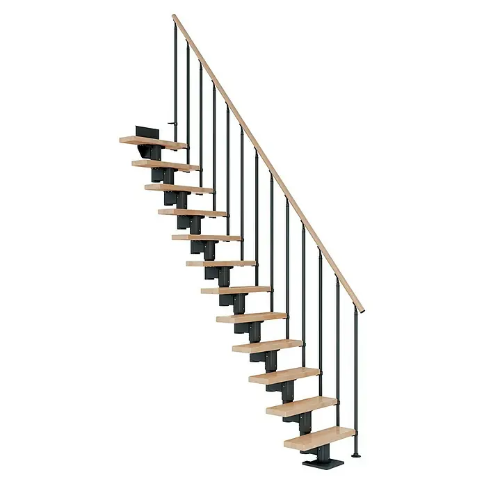 Dolle Mittelholmtreppe Dublin - Breite: 75 cm, Anthrazitgrau, Gerade, Farbe Stufen: Buche Natur, Geschosshöhe: 222 cm - 270 cm, Einzelstabgeländer - Elegante Treppe mit Holzstufen und schwarzem Geländer. Das Design ist modern und minimalistisch, ideal für stilvolle Innenräume.