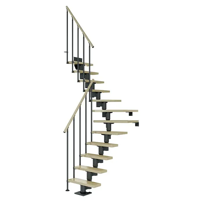 Dolle Mittelholmtreppe Dublin - Breite: 75 cm, Anthrazitgrau, 1/4-gewendelt, Farbe Stufen: Ahorn Natur, Geschosshöhe: 259 cm - 315 cm, Einzelstabgeländer - Wendeltreppe mit hellen Stufen und dunklem Geländer. Elegante Treppe für den Innenbereich.