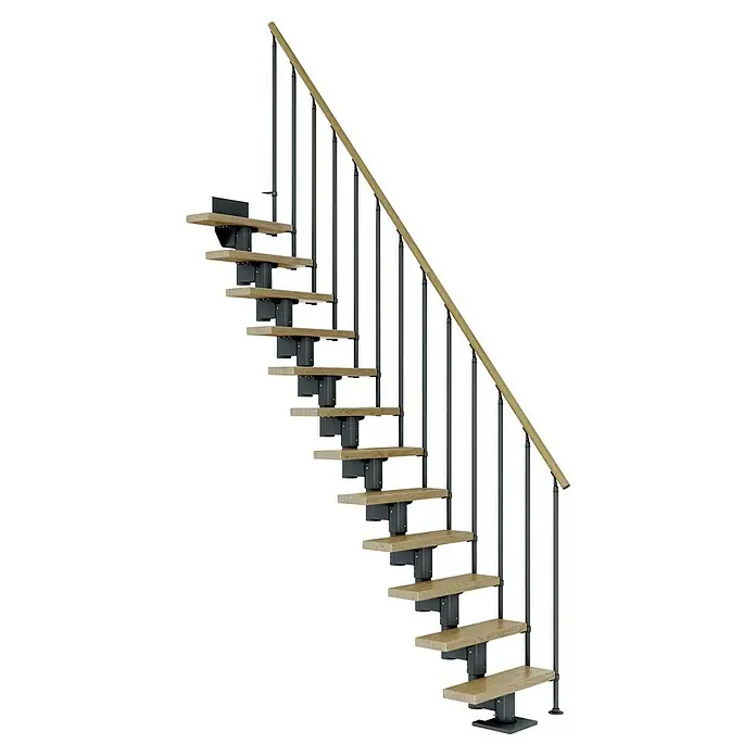 Dolle Mittelholmtreppe DublinBreite: 75 cm, Anthrazitgrau, Gerade, Farbe Stufen: Eiche Natur, Geschosshöhe: 259 cm - 315 cm, Einzelstabgeländer - Elegante Treppe mit Holzstufen und schwarzen Geländern. Das Design ist modern und passt gut in minimalistische Innenräume.