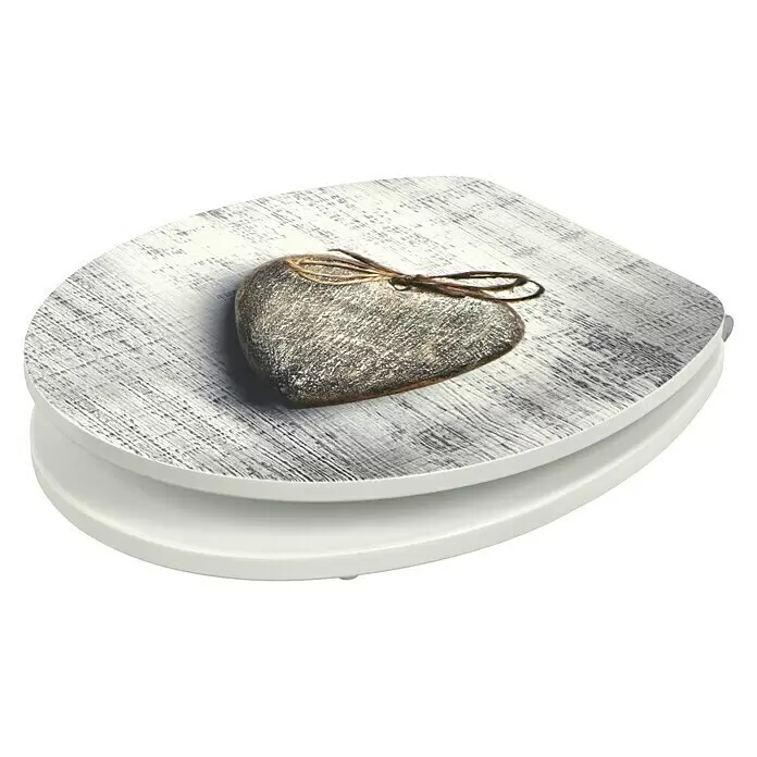 Poseidon Tapa de WC Heart - MDF, Gris, Con caída amortiguada - Tapa de inodoro con diseño de madera desgastada blanca y gris, con un corazón de madera decorativo atado con cordel.