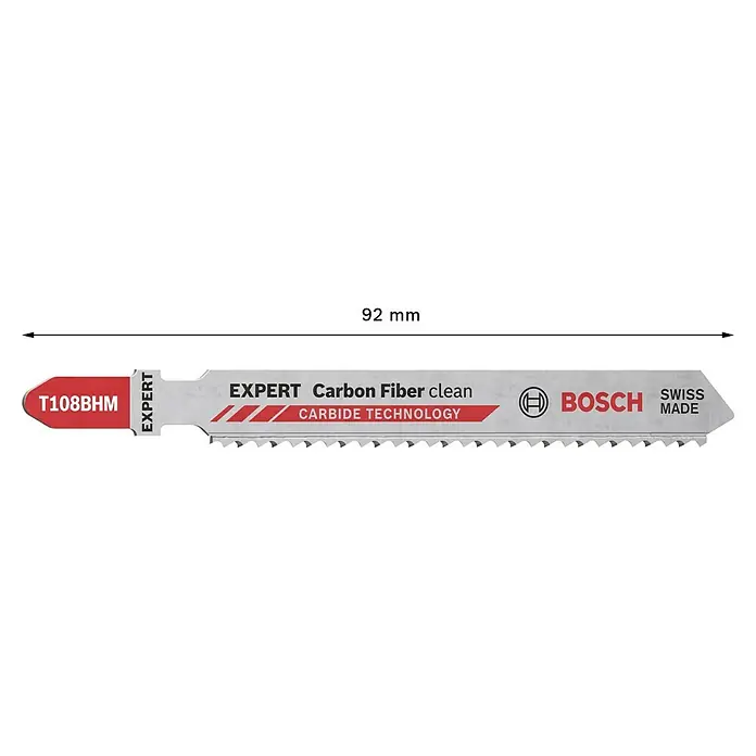 Bosch Expert Stichsägeblatt Carbon Fiber Clean T108 BHM - Länge: 92 mm, T-Schaft - Bild einer Bosch EXPERT T108BHM Stichsäge für saubere Schnitte in Kohlefaser mit einer Länge von 92 mm.