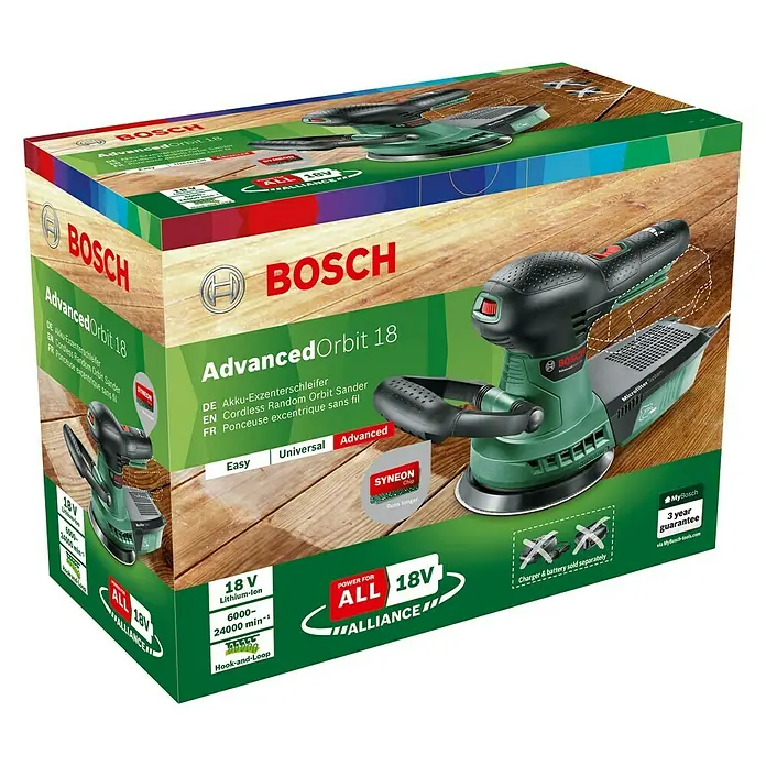 Bosch Power for All 18V Akku-Exzenterschleifer AdvancedOrbit 18 - 18 V, Li-Ionen, Ohne Akku, Durchmesser Schleifteller: 125 mm, Leerlaufdrehzahl: 3.000 U/min - 12.000 U/min - Das Bild zeigt eine Verpackung für einen Akku-Exzenterschleifer AdvancedOrbit 18 von Bosch, dargestellt auf einem Holzhintergrund.