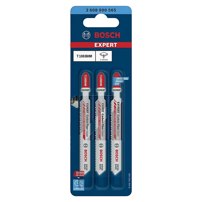 Bosch Expert Stichsägeblatt Carbon Fiber Clean T108 BHM - Länge: 92 mm, T-Schaft - Verpackung von drei Bosch Expert T 108 BHM Stichsägeblättern für saubere Schnitte in Kohlefaser, hergestellt in der Schweiz mit Carbide Technology.