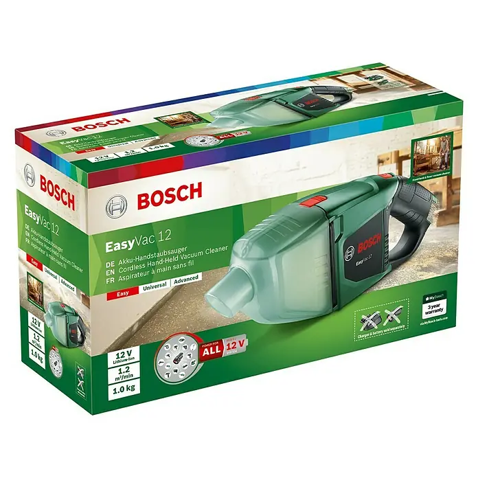 Bosch Power for All 12V Akku-Handstaubsauger EasyVac 12 - 12 V, Ohne Akku - Verpackung des Bosch EasyVac 12 Akku-Handstaubsaugers, ein kompaktes und leichtes Gerät für schnelle Reinigungsaufgaben.