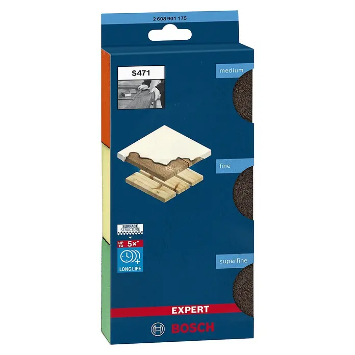 Bosch Professional Expert Schleifschwamm S471 - Korngröße: Mittel, L x B x H: 97 x 69 x 26 mm, 3 -tlg. - Abbildung der Bosch EXPERT S471 Schleifblätter, die in fein, mittel und superfein erhältlich sind und eine lange Lebensdauer haben.