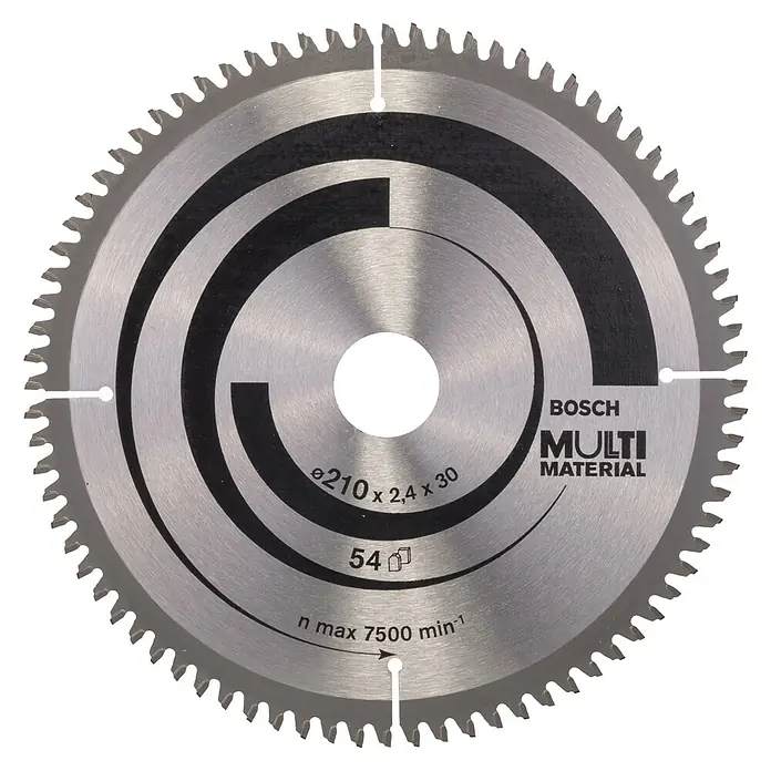 Bosch Disco de sierra Multimaterial - 210 mm, Orificio: 30 mm, Número de dientes: 80 ud. - Primer plano de una hoja de sierra Multi Material de Bosch con 54 dientes, ideal para diversas aplicaciones.
