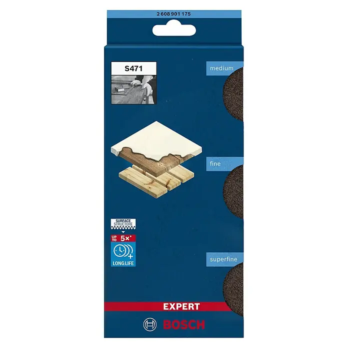 Bosch Professional Expert Schleifschwamm S471 - Korngröße: Mittel, L x B x H: 97 x 69 x 26 mm, 3 -tlg. - Abbildung einer Bosch Expert Schleifscheibe S471 mit verschiedenen Körnungen (mittel, fein, superfein) für optimale Oberflächenbearbeitung.