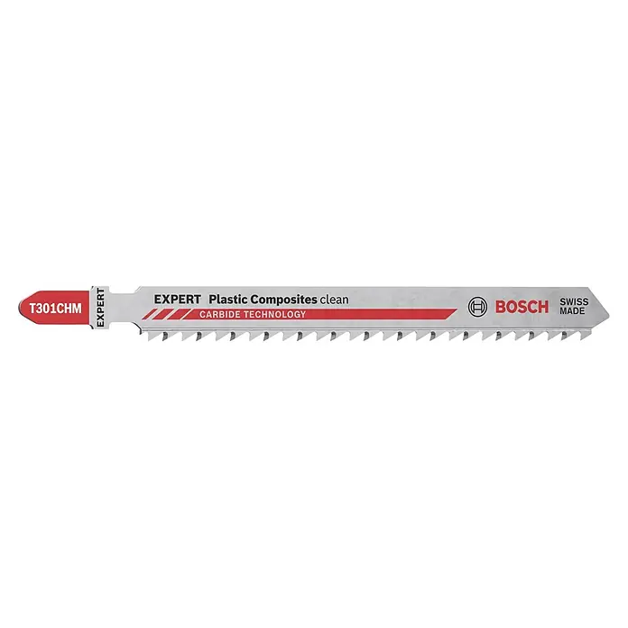 Bosch Stichsägeblätter Plastic Composites Clean T 301 CHM - T-Schaft - Bosch EXPERT T301CHM Stichsägeblatt für saubere Schnitte in Kunststoffverbundwerkstoffen mit Carbide Technology und Schweizer Qualität.