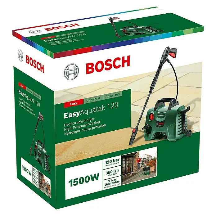 Bosch Hochdruckreiniger EasyAquatak 120 - 1.500 W - Karton mit Bosch EasyAquatak 120 Hochdruckreiniger, mit Produktbildern und Spezifikationen für einfache, universelle und fortgeschrittene Reinigung.
