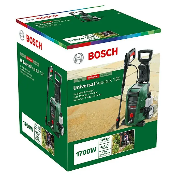 Bosch Hochdruckreiniger UniversalAquatak 130 - 1.700 W, Fördermenge: 380 l/h - Produktverpackung des Bosch UniversalAquatak 130 Hochdruckreinigers.