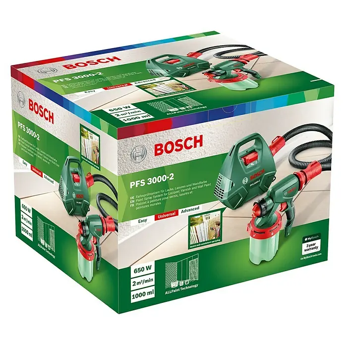 Bosch Farbsprühsystem PFS 3000-2 - Geeignet für: Alle Farbarten, Nennaufnahme: 650 W, 1.000 ml - Abbildung der Verpackung des Bosch PFS 3000-2 Farbsprühsystems, ideal für Lacke, Lasuren und Wandfarben.