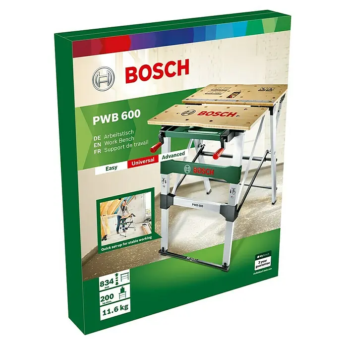 Bosch Werkbank PWB 600 - L x B: 680 x 680 mm, Arbeitshöhe: 834 mm, Belastbarkeit: 200 kg - Abbildung einer Bosch PWB 600 Werkbank im Karton, die eine robuste und tragbare Arbeitslösung für Heimwerker und Profis bietet.