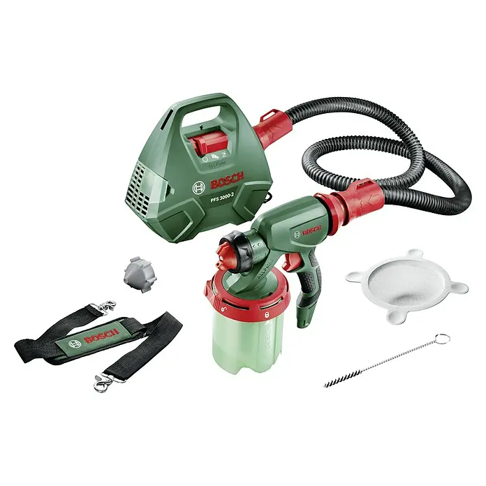 Bosch Farbsprühsystem PFS 3000-2 - Geeignet für: Alle Farbarten, Nennaufnahme: 650 W, 1.000 ml - Abbildung eines Bosch PFS 3000-2 Farbsprühsystems, bestehend aus Farbsprühpistole, Basiseinheit und Zubehör für verschiedene Anwendungen.