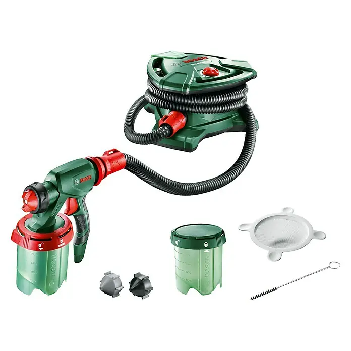 Bosch Farbsprühsystem PFS 5000 E - Geeignet für: Alle Farbarten, Nennaufnahme: 1.200 W, 1.000 ml - Das Bosch PFS 5000 Farbsprühsystem für gleichmäßige Anstriche auf verschiedenen Oberflächen, bestehend aus Sprühpistole, Basisgerät und Zubehör.