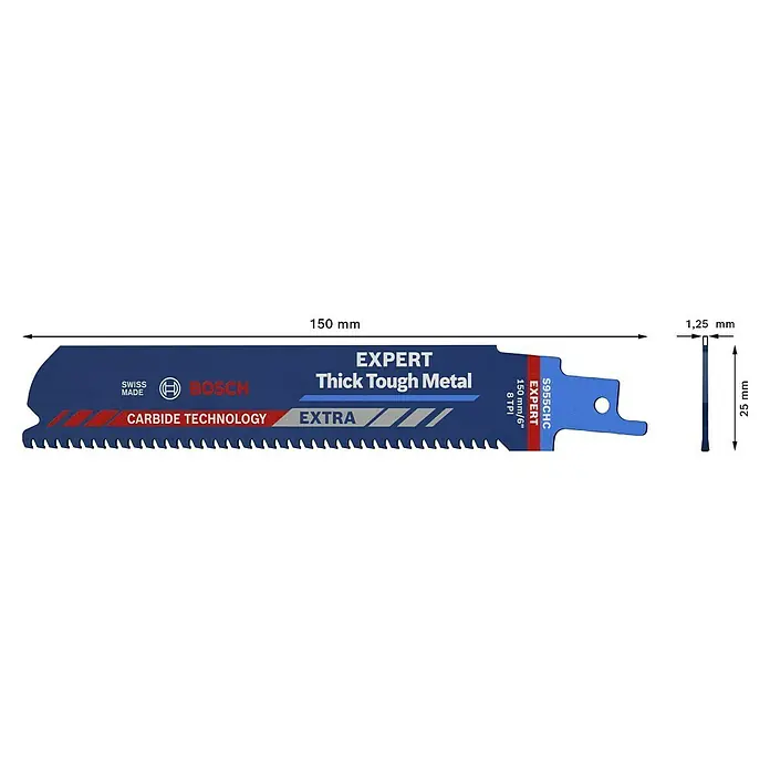 Bosch Expert Säbelsägeblatt Thick Tough Metal S955CHC - Länge: 150 mm - Bosch Expert Säbelsägeblatt für dickes Metall. Robustes Blatt mit Hartmetalltechnologie für präzise und langlebige Schnitte in Metall.