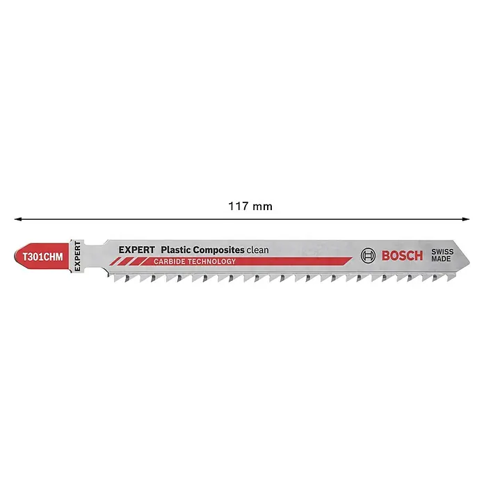 Bosch Stichsägeblätter Plastic Composites Clean T 301 CHM - T-Schaft - Das Bild zeigt ein Bosch EXPERT T301CHM Stichsägeblatt für saubere Schnitte in Kunststoff, Länge 117 mm.