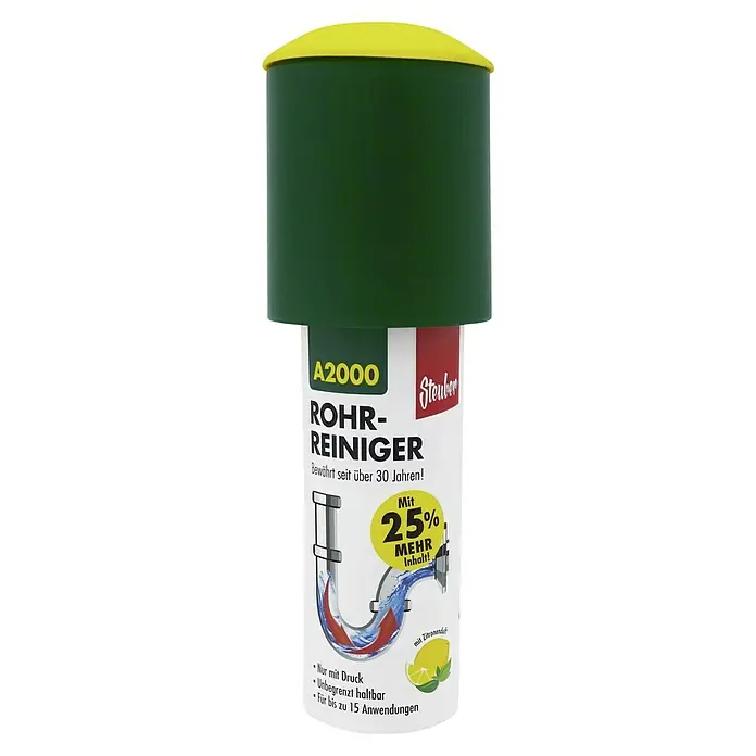 Steuber Rohrreiniger - 125 ml - A2000 Rohrreiniger: Effektiver Abflussreiniger mit Zitronenduft, bewährt seit über 30 Jahren und bietet 25% mehr Inhalt für bis zu 15 Anwendungen.