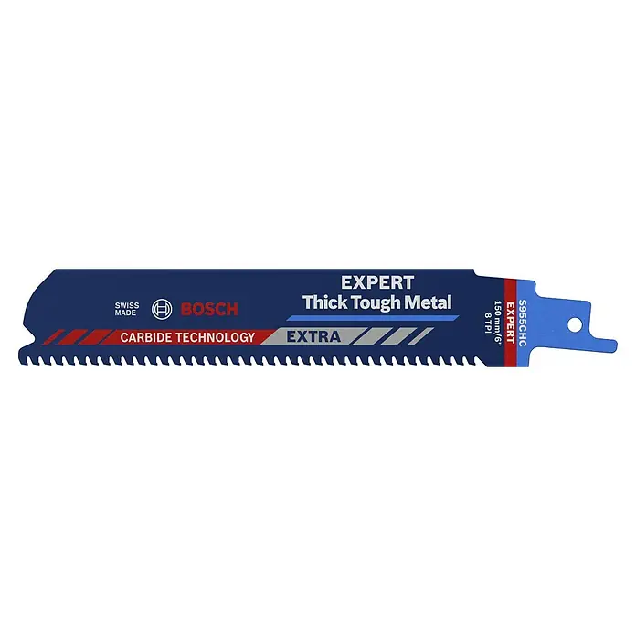 Bosch Expert Säbelsägeblatt Thick Tough Metal S955CHC - Länge: 150 mm - Das Bild zeigt ein Bosch EXPERT S955CHC Sägeblatt für dickes Metall, hergestellt in der Schweiz, mit Carbide Technology und Extra-Zusatz.
