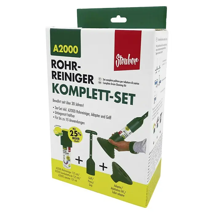Steuber Rohrreiniger-Set - 125 ml - Bild einer A2000 Rohrreinigungs-Komplettset-Verpackung von Steuber.