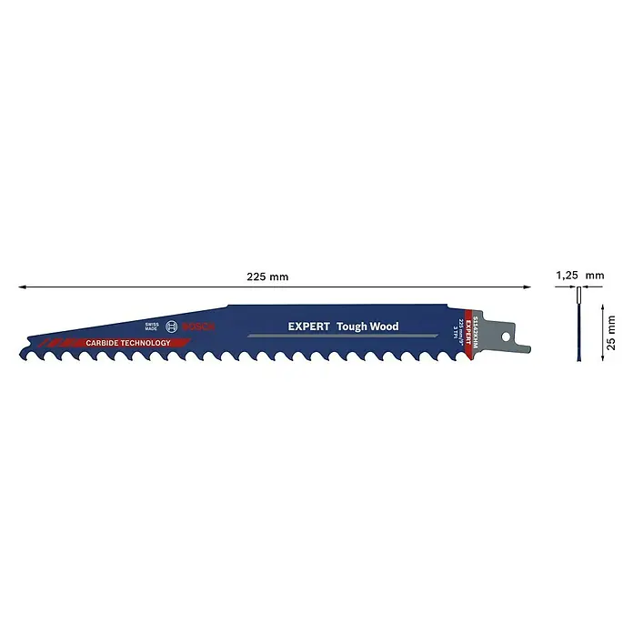 Bosch Expert Säbelsägeblatt Tough Wood S 1142 KHM - Länge: 225 mm - Abgebildetes Bosch EXPERT Tough Wood Säbelsägeblatt mit Carbide Technology. Das Sägeblatt ist für robuste Holzarbeiten geeignet.