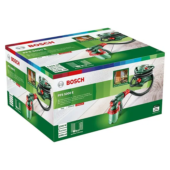 Bosch Farbsprühsystem PFS 5000 E - Geeignet für: Alle Farbarten, Nennaufnahme: 1.200 W, 1.000 ml - Bild zeigt die Verpackung des Bosch PFS 5000 E Farbsprühsystems, ideal für Lacke, Lasuren und Wandfarben mit der AllPaint Technologie.