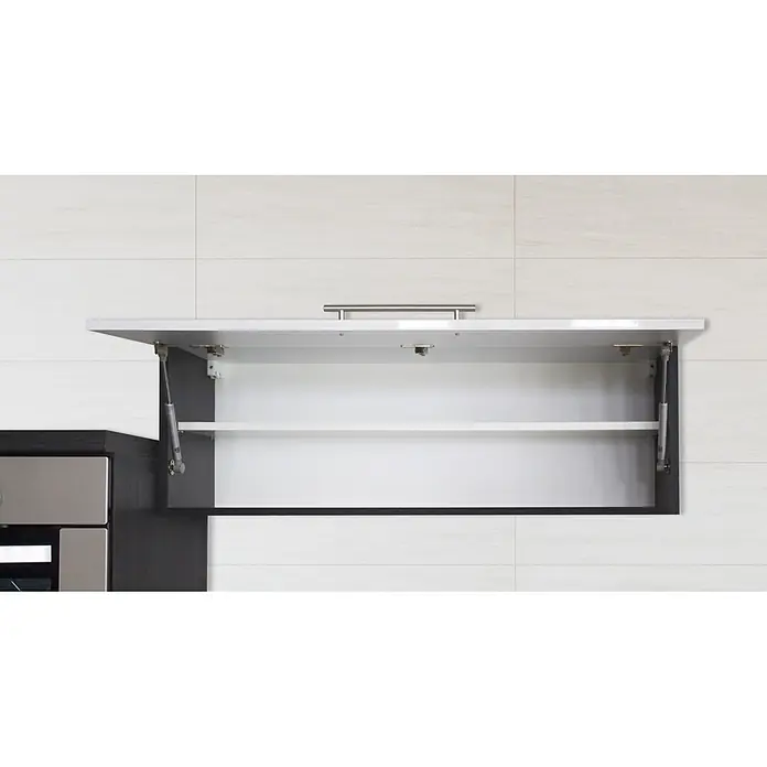 Respekta Premium Cocina de isla Amanda - Ancho: 280 cm, Roble/Gris, Con electrodomésticos - Gabinete de cocina blanco con marco negro y tirador plateado, puerta abierta, mostrando estante y amortiguadores de gas.