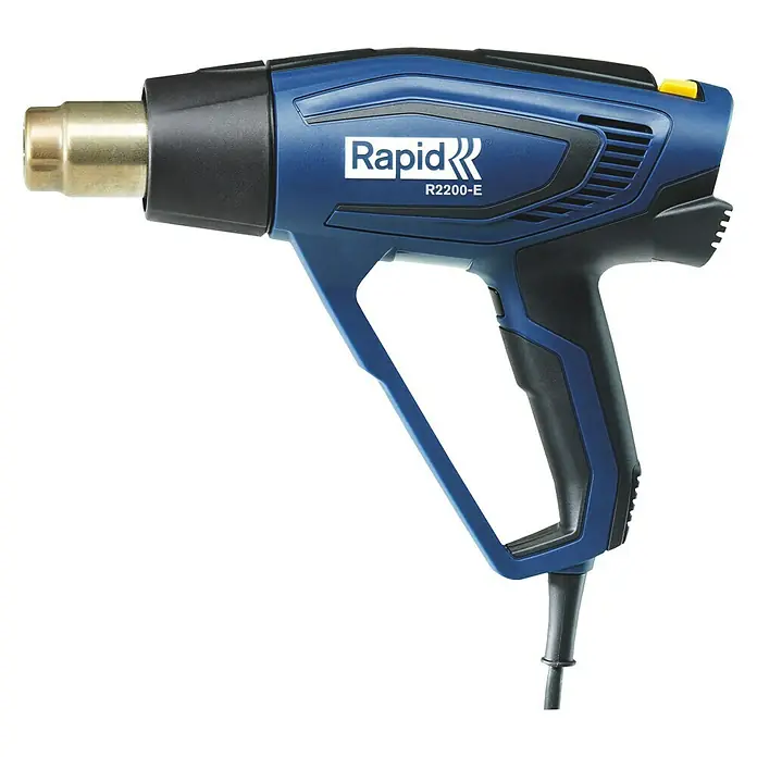 Rapid Heißluftgebläse R2200-E - 2.200 W, Temperaturbereich: 60 °C - 650 °C - Ein blauer Rapid R2200-E Heißluftfön mit schwarzem Griffstück und goldener Düse vor einem weißen Hintergrund.