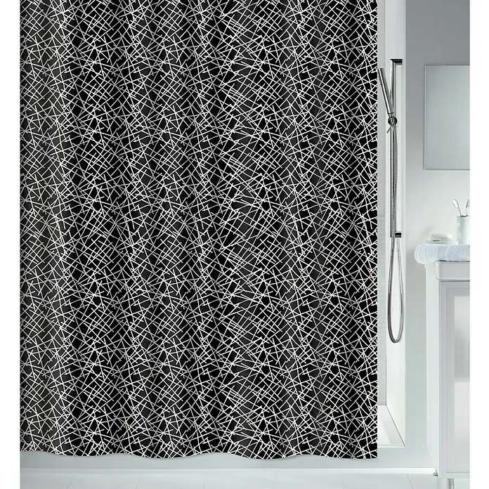 Spirella Cortina de baño Lines - An x Al: 180 x 200 cm, Plástico, Negro/Blanco - Una cortina de ducha negra con un patrón abstracto de líneas blancas en el baño. La cortina de ducha llama la atención.